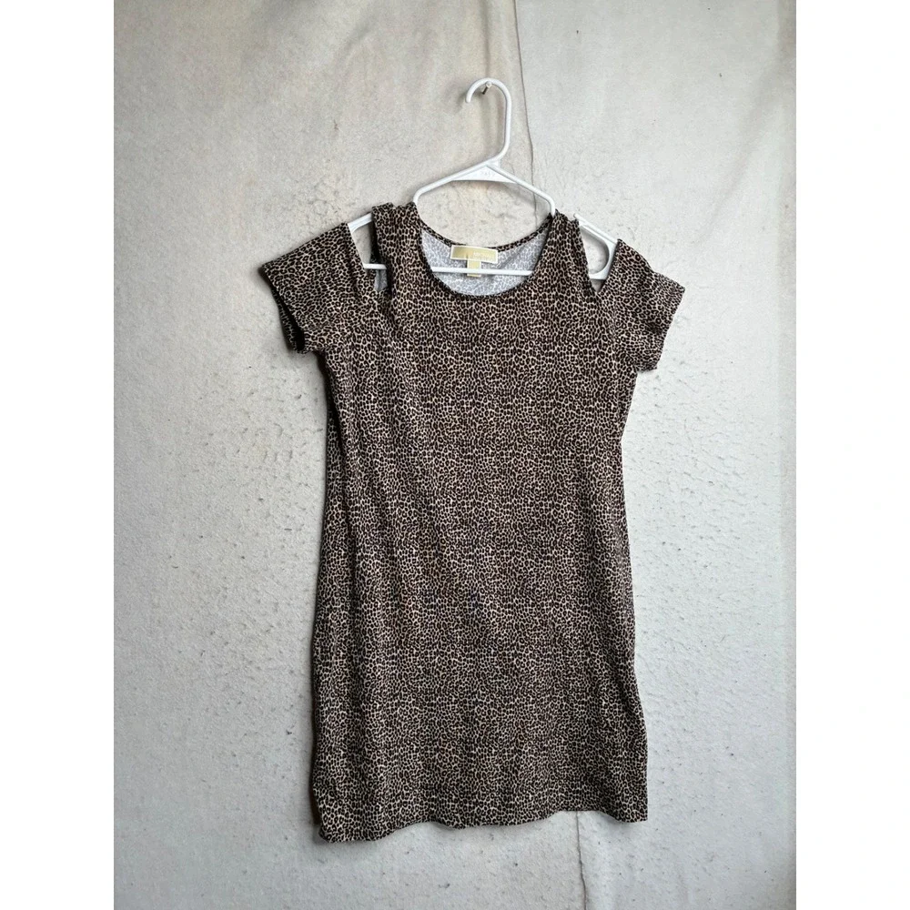 Michael Kors Womens Leopard Print Cold Shoulder Mini Dress Brown Black Size M